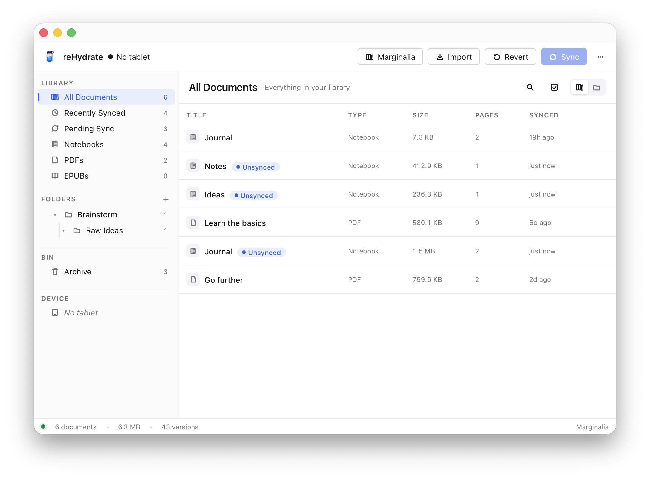 The reHydrate library window. A sidebar lists All Documents, Recently Synced, Pending Sync, Notebooks, PDFs, EPUBs, custom folders, an archive bin, and a device section. The main pane lists notebooks and PDFs with type, size, page count, and last-synced columns.